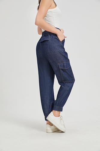 Women's Cargo Denim Jogger Pants High Waisted Elastic Waist Baggy Jeans with Buttons Comfortable for Spring Fall2