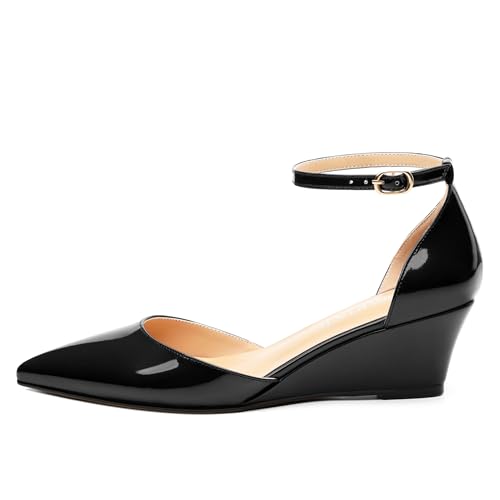 Wedges for Women, Closed Pointed Toe Patent Buckled Ankle Strap Wedge Low Heel Pumps Classic Office Dress Shoes 2 Inches2