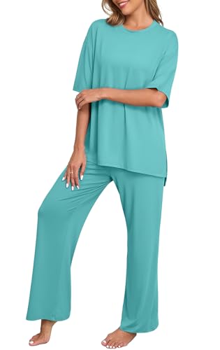 Image of PrinStory Womens Pajamas Sets 2 Piece Lounge Set Short Sleeve Tops and Long Pants Soft Pjs Loungewear with Pockets