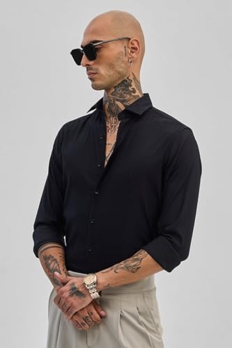 Image of SNITCH Black Slim Fit Self-Design Shirts