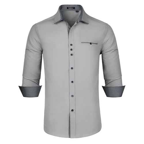 Enlision Camisas de vestir para hombre, de manga larga, para negocios, casual, ajuste regular, camisas con botones, gris, XXL