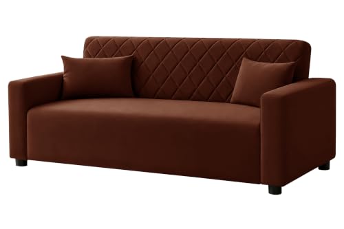Image of Rosebell 3 Seater Wooden Sofa for Living Room, Modern Fabric Upholstered Sofa with Quilted Backrest, Cushioned Seating, Padded Armrests & Sturdy Wooden Frame - Brown