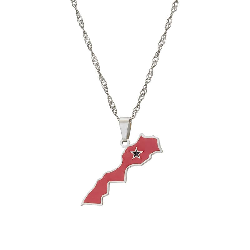LUTAKU Collier avec pendentif carte du Maroc et drapeau du Maroc pour homme et femme - En acier inoxydable, Acier inoxydable