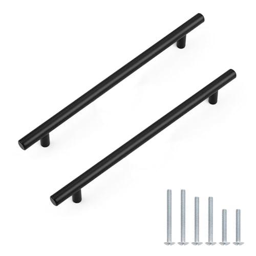 Probrico 5 Pack Hole Centers 10inch Matte Black Kitchen Cabinet Pulls, Stainless Steel Dresser Drawer Handles, 12.6inch Length Pull Handle for Cabinets and Closets