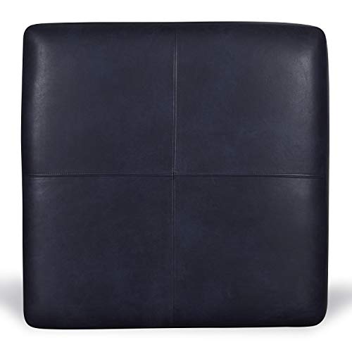 Image of POLY & BARK Sequoia Ottoman - 35 inch Square Pouf with Feather-Down Topper - Full-Grain Leather Upholstered Pouf Ottoman for Living Room - Italian Leather in Midnight Blue