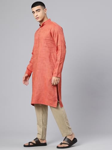 Image of Majestic Man Men's Cotton Regular Fit Traditional Mandarin Collar Ethnic Motifs Solid Long Kurta