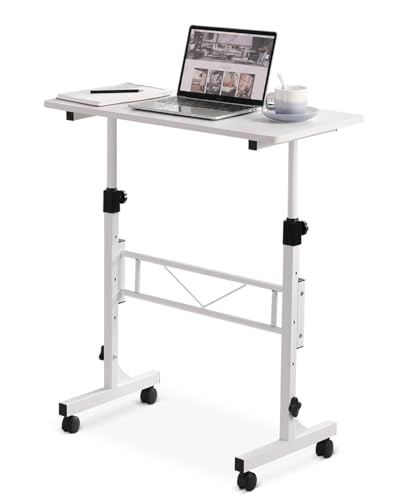 Amztabler Small Standing Desk Adjustable Height Mobile Stand Up Desk with Wheels 32 Inch Portable Rolling Desks Conference Room Tables for Walking Pad Treadmill White