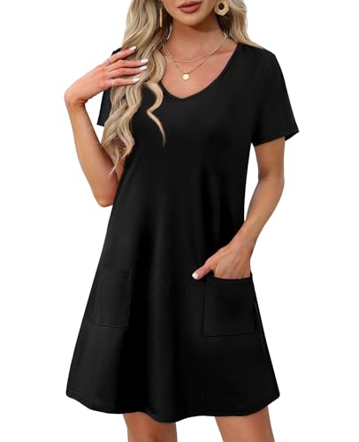 OFEEFAN Summer Dresses for Women 2025 Loose V Neck Short Sleeve Casual T Shirt Dress Sundresses Swimsuit Coverup with Pockets2