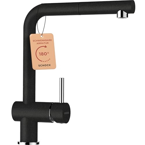 SCHOCK® Küchenarmatur Epos Onyx I schwarze Hochdruck Armatur mit ausziehbarer Schlauchbrause I 360° drehbar I Spültischarmatur für Küchenspüle I Design modern I wassersparend I Einhebelmischer Messing