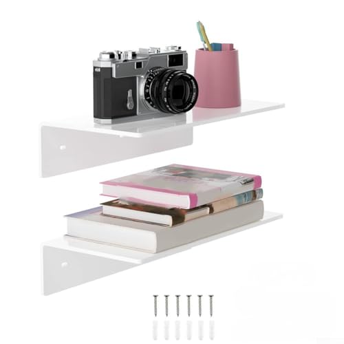 Linnkyfloa 2 estantes flotantes acrílicos, bordes pulidos, esquinas redondeadas con 6 tornillos y 6 anclajes para almacenamiento, decoración de habitación, ahorro de espacio, organizador de artículos