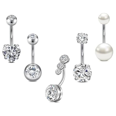 NIUSIMAN 14G Stainless Steel Belly Button Rins, Heart CZ Pearl Belly Piercings, Cute Navel Barbell Piercing Jewelry For Women Silver Cover