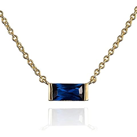 namana Dainty Blue Necklace in Gold for Women, Gold Necklaces for Women and Teenage Girls with Blue Stones in a Baguette Cut, Cute Gold Plated Pendant Necklace for Women with a Sapphire Blue Stone Cover