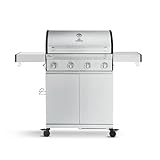 BURNHARD® Gasgrill 4-Brenner Edelstahl-Grillrost, Edelstahl-Grillwagen, Grillabdeckung, klappbare Seitentische – Big FRED Basic
