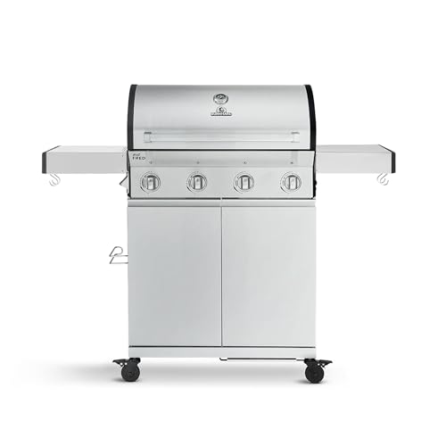 BURNHARD® Gasgrill 4-Brenner Edelstahl-Grillrost, Edelstahl-Grillwagen, Grillabdeckung, klappbare Seitentische – Big FRED Basic