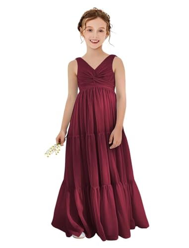 Stylefun Chiffon Flower Girl Dresses V Neck Junior Bridesmaid Dress A Line Tiered First Communion Dress with Bow CYM327