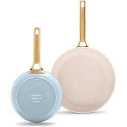 Sartenes Greenpan Amazon GreenPan Reserve Juego de Sartenes de Cerámica Saludable Anodizada Dura 20 cm y 26 cm, Mango Dorado, Sin PFAS, Aptas para Inducción y Horno, Azul Claro