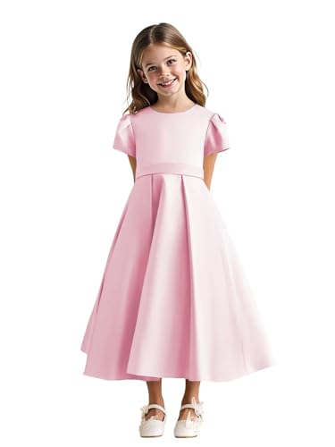 MCieloLuna Pink Glossy Satin Flower Girl Dress for Wedding 2025
