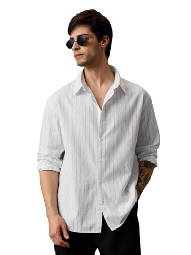 Image of The Souled Store Seersucker: Men and Boys Long Sleeve Spread Collar Striped Lightweight Easy to Style Everyday Office Wear Cotton Relaxed Shirt