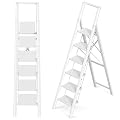 GameGem Step Ladder 6 Step Folding, Aluminum Ladders for High Ceilings, Tall Closet, Cabinet, 6 ft Lightweight Step Ladder with Anti-Slip Foot for Home Use, 330Lbs Load, White