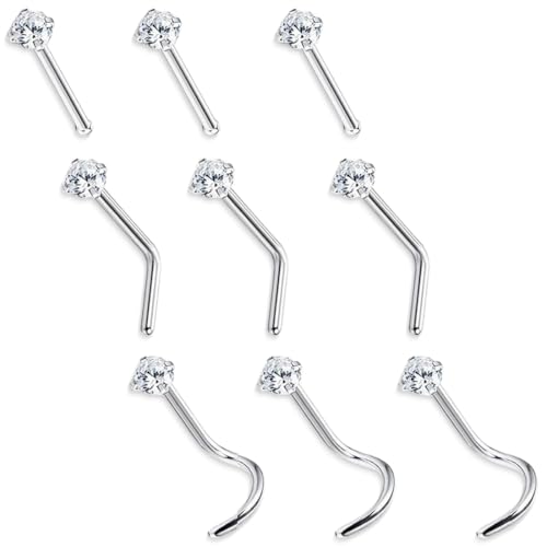 ZILZUFA 9 Piercings de Nariz en Acero Quirúrgico (1.5/2/3 mm), Studs y Anillos para Narinas/Septum, Piercing Nariz Aro Acero Quirúrgico