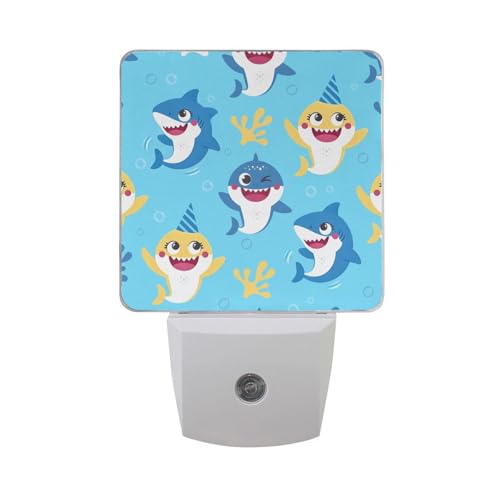 Image of Cute Sharks Night Lights 2 Pack Plug-in Wall Led Nightlight Auto Dusk-to-Dawn Sensor Lamps for Bedroom Kitchen Bathroom Hallway Stairs