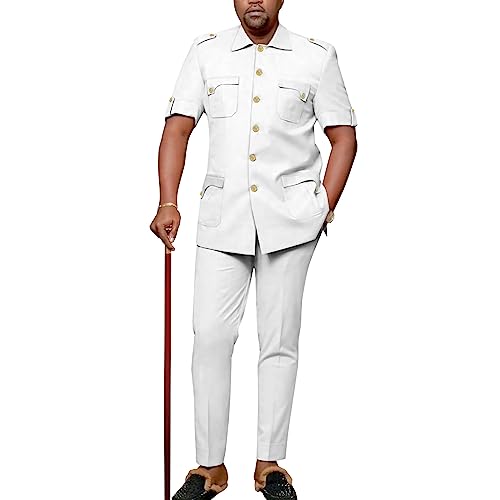Africa Men's Suit Short Sleeve Metal Single Breasted Shirt Long Pants 2 Piece Set Casual Banquet Formal Wear