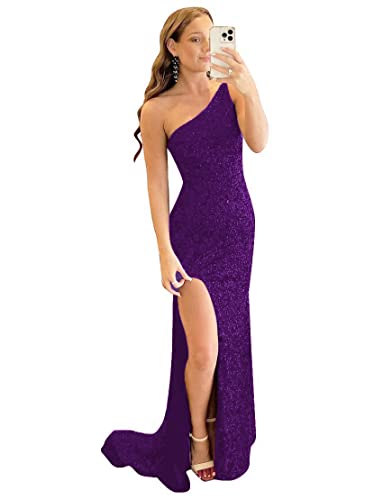 Changuan One Shoulder Sequin Prom Dresses Mermaid Long Backless Formal Party Evening Dress with Slit
