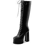 Perisis Women's Platform Knee High Boots Chunky Block Heel Gogo Boots Black Lace Up Heeled Gothic Boots Wide Calf Comfy (black pu,9)
