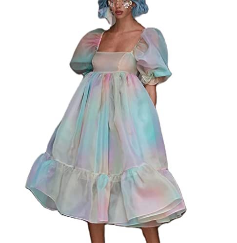 Piacakece Women Cute Puffy Dress Printed Bell Sleeve Square Neck Mesh Ruffle Bubble Dress (E-Colorful, S)