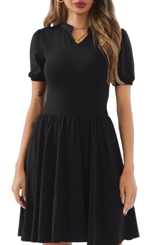 Image of Women's V Neck Summer Dress Puff Short Sleeve Flowy Stretchy Flowy Comfort Fit for Daily Wear Work Midi Casual Dresses