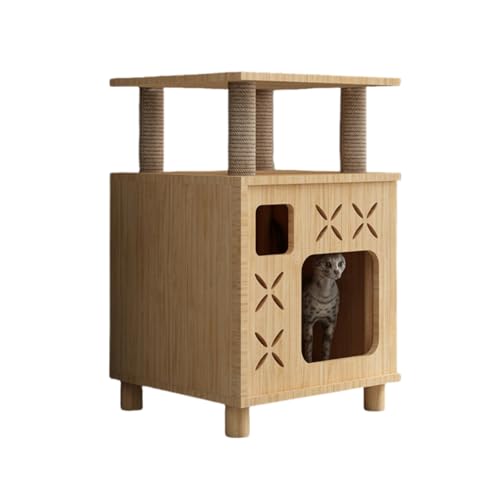 Tonain【2025新登場】猫タワー 無垢材の猫用ヴィラ【簡単組立 省スペース コンパクト 丈夫 安定 耐荷重 麻ロープ】多階建てアパートの屋内使用、登り、睡眠、ジャンプオールインワンペットパーク 多機能 家具 インテリア 猫のおもちゃ (G)