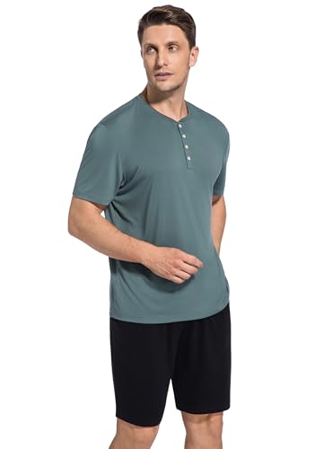 SlumberMee Mens Pajama Set Soft Cooling Viscose Summer Pjs Short Sleeve Sleepwear 2 Piece Set Henley Loungewear with Pockets3