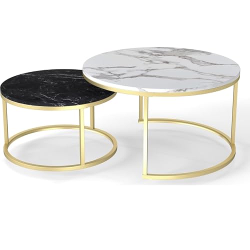 Image of 2-Piece Round Coffee Table Set | Marble Finish MDF Top with Golden Iron Frame | Modern Center & Side Table for Living Room, Bedroom & Small Spaces Gold -Black-White