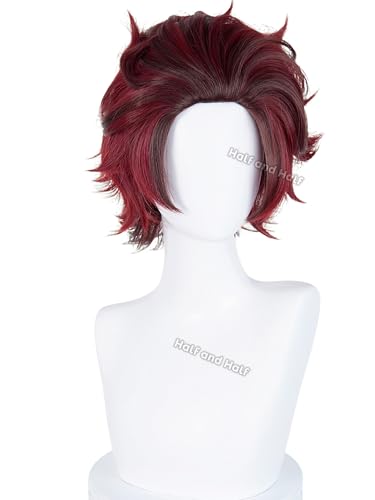 Image of Half and Half Tanjiro Cosplay Wig Short Wine Red Black Tanjiro Kamado Costume Wigs + Scar Stikers +Earrings Magenta Gradient Wigs for Female Men Unisex Halloween Party Daily