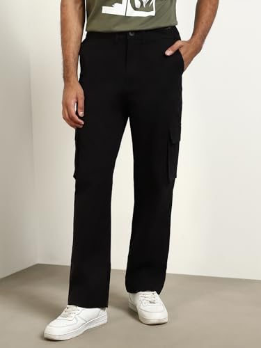 Image of NOBERO Men's Straight Fit Mid Rise Wanderer Travel Cargo Pants | Multiple Pockets | | Lowers for | Casual Wear | Sports | Gym | Trek | Lowers