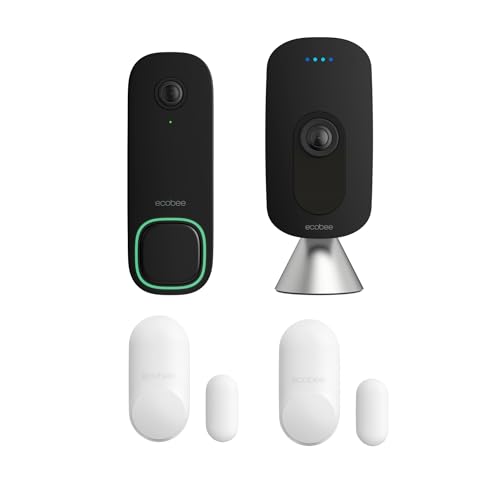 ecobee Home Security Bundle with Smart Doorbell Camera (Wired), SmartSensor for Doors and Windows, and SmartCamera with Voice Control.