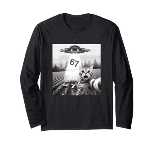 67 Chat Selfie avec Alien UFOs Funny Cat Six Seven Meme UFO Manche Longue