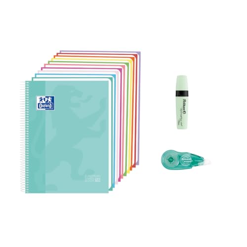 Oxford, Cuaderno A4, 10 Bandas de Color, 150 Hojas Microperforadas 5x5, Tapa Extradura en Ice Mint, Incluye Subrayador Ice Mint y Cinta Correctora Pelikan