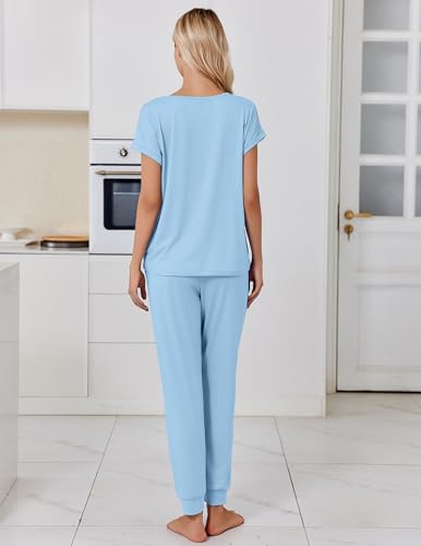 Image of Ekouaer Pajamas for Women Set Short Sleeve Lounge Set Jogger Pants Pjs Soft Sleepwear with Pockets S-XXL