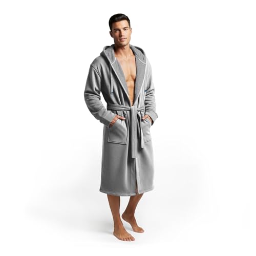 DudeRobe Men's Robe – Hooded TERRY Bath Robe for Men with Pockets | Soft, Comfy Men’s Bathrobe from Shark Tank | Absorbent Cotton Hooded Robes for After Shower, Lounging, Gym & More, Grey, L/XL
