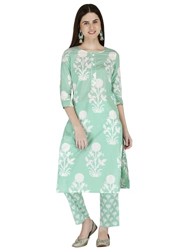 Women's Cotton Printed Kurta Set - Elegant Green Floral Print with 3/4th Sleeves, Festive Wear.