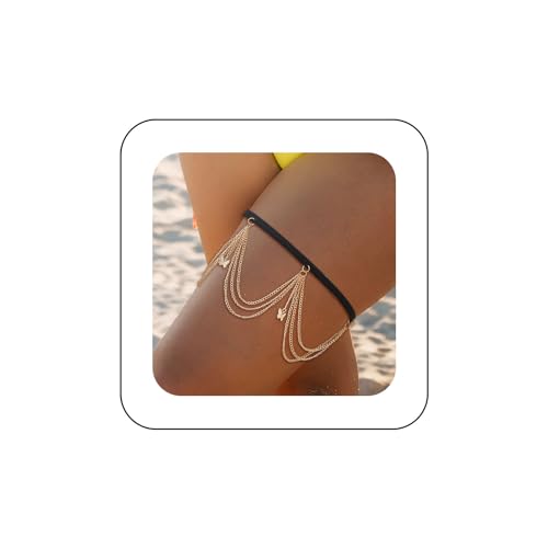 Cybche Schmetterling Mehrlagige Beinkette Schmetterling Quaste Oberschenkelkette Strand Bikini Körperkette Elastische Oberschenkel Beinkette Gold Mehrlagige Oberschenkelkette Accessoires Für Frauen