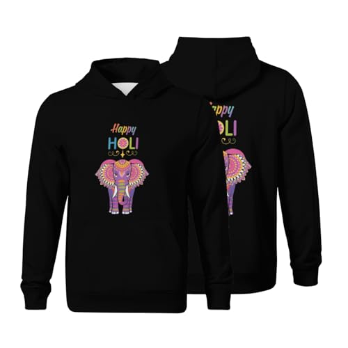 Kids Retro Happy Holi Colors Festival Spring Elephant Boys Girls Lightweight Kangaroo Pocket Fleece Hoodies