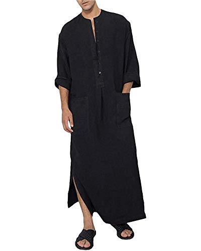 Jacansi Men s Button up Cotton Robe Long Sleeve Kaftan Thobe Long Gown Casual Shirt for Beach (01-Black,L arge)
