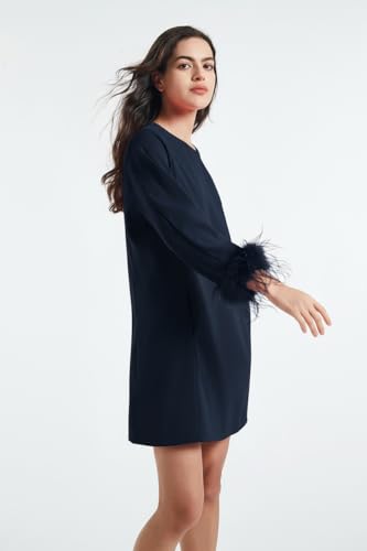Image of D-Sun Women Feather Dress 3 /4 Feather Sleeves Mini Dress | Round Neck,Elegant Party Dress, Wedding Guest Cocktail Dresses with Pocket