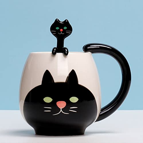 Xfeyaqlo Tasse Chat Noir Tasse Chat Avec CuillèRe Tasse à Café Mignonne Tasse De Petit DéJeuner Grande Tasse Avec Une CuillèRe Qui Pend Du Mur, Pour Le Café, Le Lait, Les Boissons, Le Porridge