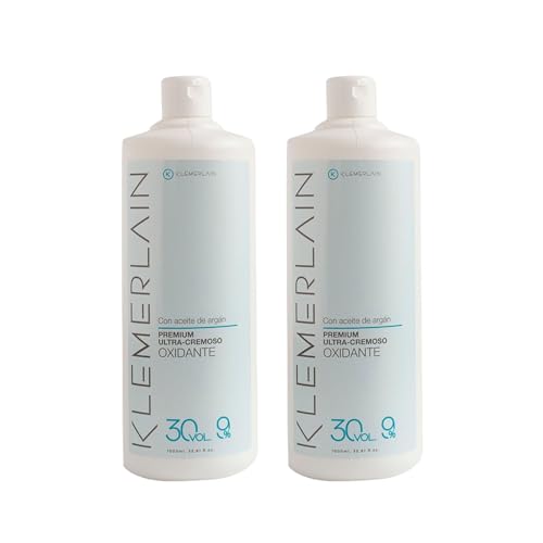 Klemerlain Agua Oxigenada en Crema Estabilizada 30 Volúmenes 9%, Oxidante para Coloración Capilar Permanente y Decoloración. Formulación Vegana. Uso Profesional. Pack de 2 Uds de 1L