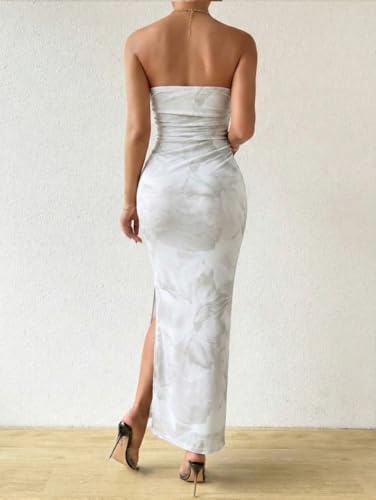 Image of LIGHT DOT Women's Summer Dress Printed Strapless Tube Bodycon Maxi Side Slit Mesh Layered