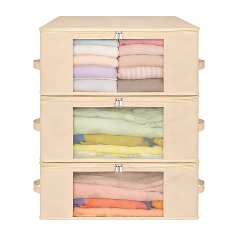 Image of Cotton Canvas Storage Bags for Sarees & Lehengas | Pack of 3 | Zip Closure with Transparent Window | Foldable Clothes Organizer for Wardrobe (17 x 14 x 7 inch, Beige)