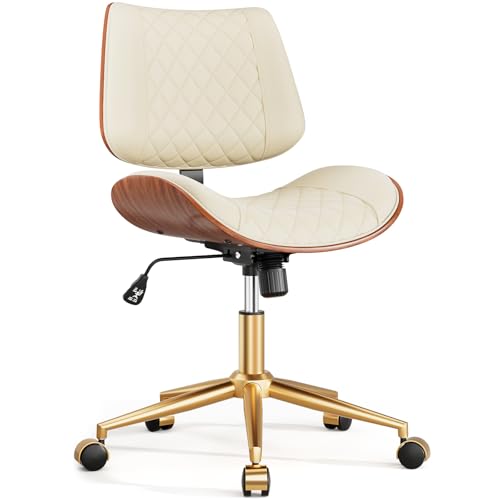 Image of Armless Office Chair with Back, Mid Century Modern Small Desk Chair, No Arms Leather Computer Chair for Home Office, Swivel Vanity Chair, Rolling, Adjustable Height (Ivory)